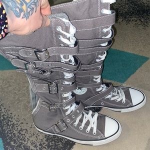 Converse knee high boots. Lace up w/ buckles. Zips in back. Size 8. Gray.